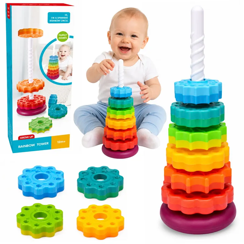 Piramida Obrotowa Wieża Sorter Układanka Tęczowa 36cm 6 el