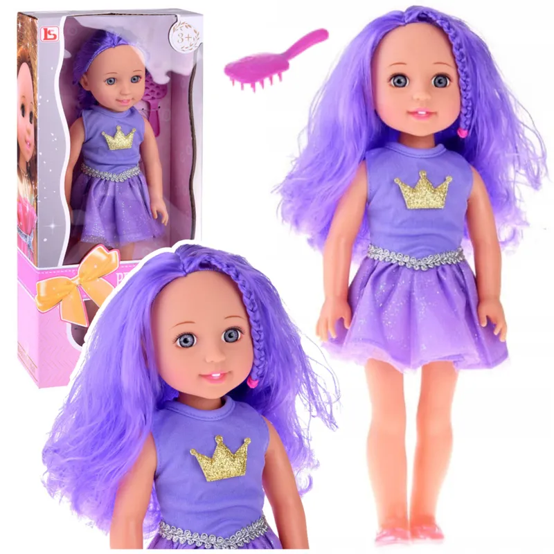 Lalka W Sukience Z Koroną Długie Włosy Szczotka 38cm - Fioletowa