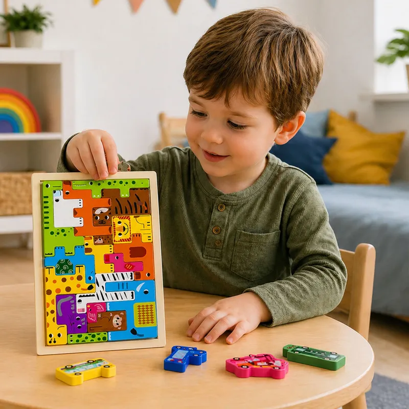Drewniane Puzzle Łamigłówka Układanka Logiczna Zwierzęta Kolorowe 20 el