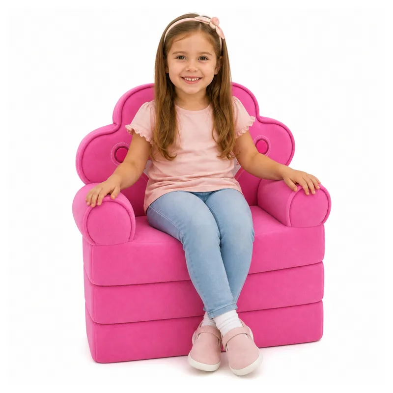 Rozkładany Fotel Sofa Leżanka Z Koroną 2w1 Dla Dzieci Miękki - Różowy