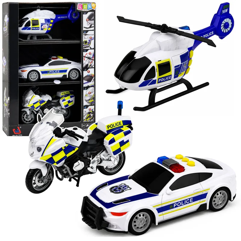 Zestaw Policyjny Helikopter Motocykl Radiowóz Światła Dźwięki 1:32