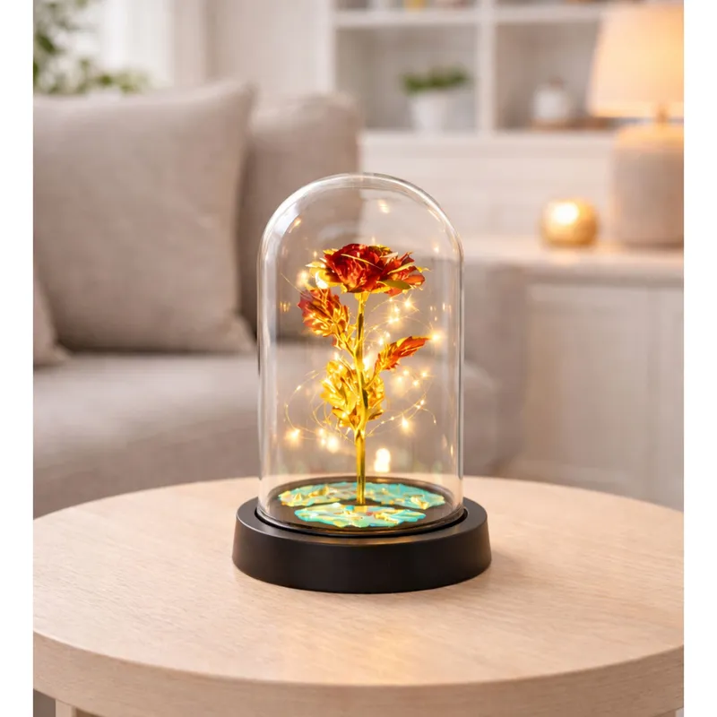 Wieczna Kryształowa Róża W Kopule Z Oświetleniem LED 21x11cm - Czerwona
