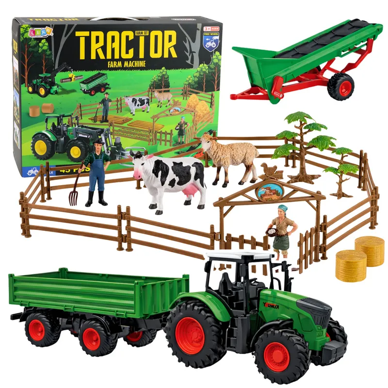 Zestaw Rolniczy Traktor Z Przyczepą Zwierzęta Farmerzy Farma 45 el