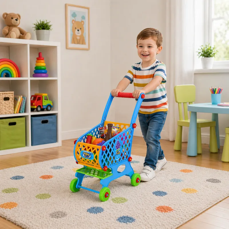 Duży Wózek Sklepowy Dla Dzieci Produkty Spożywcze 52cm 46 el - Niebieski