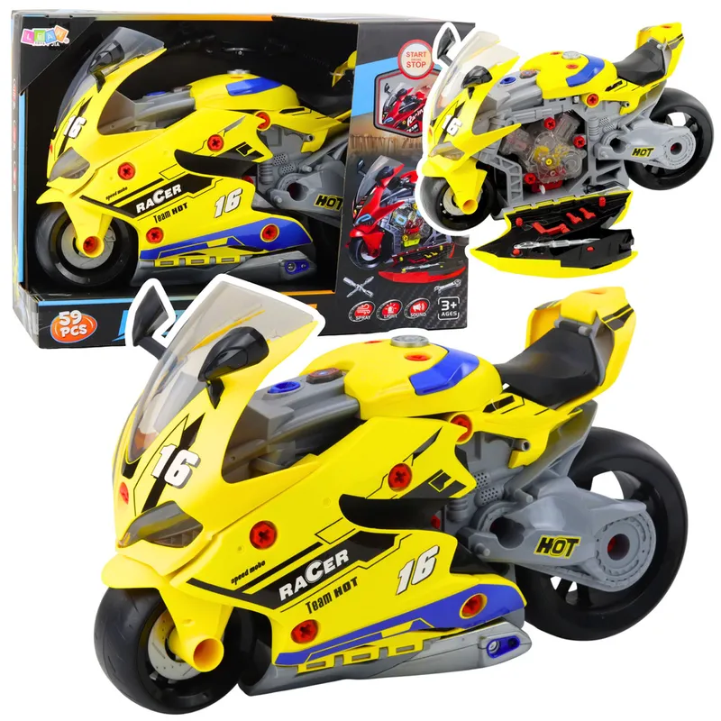 Motocykl Do Rozkręcania 2w1 DIY Warsztat Światła Dźwięki Dym 43cm - Żółty