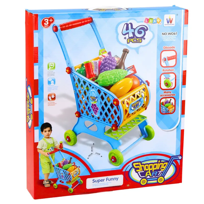 Duży Wózek Sklepowy Dla Dzieci Produkty Spożywcze 52cm 46 el - Niebieski