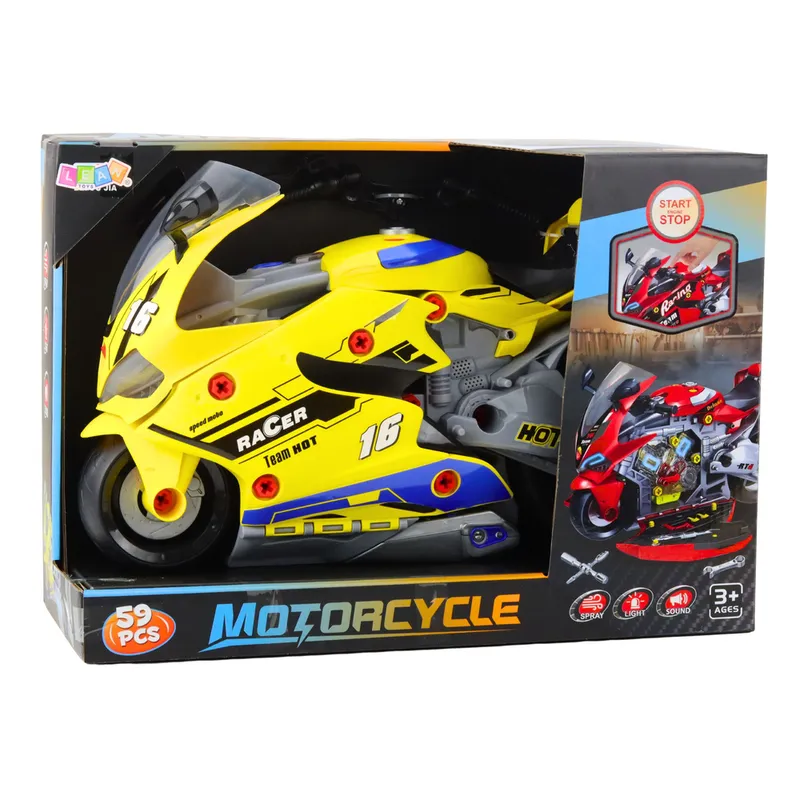 Motocykl Do Rozkręcania 2w1 DIY Warsztat Światła Dźwięki Dym 43cm - Żółty