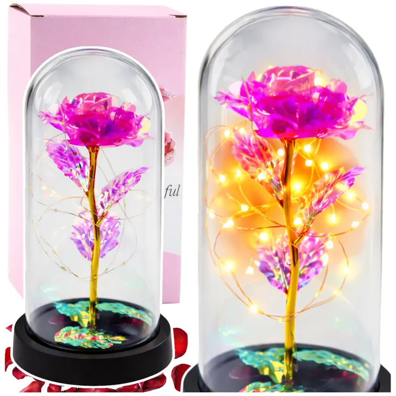 Wieczna Kryształowa Róża W Kopule Z Oświetleniem LED 21x11cm - Różowa