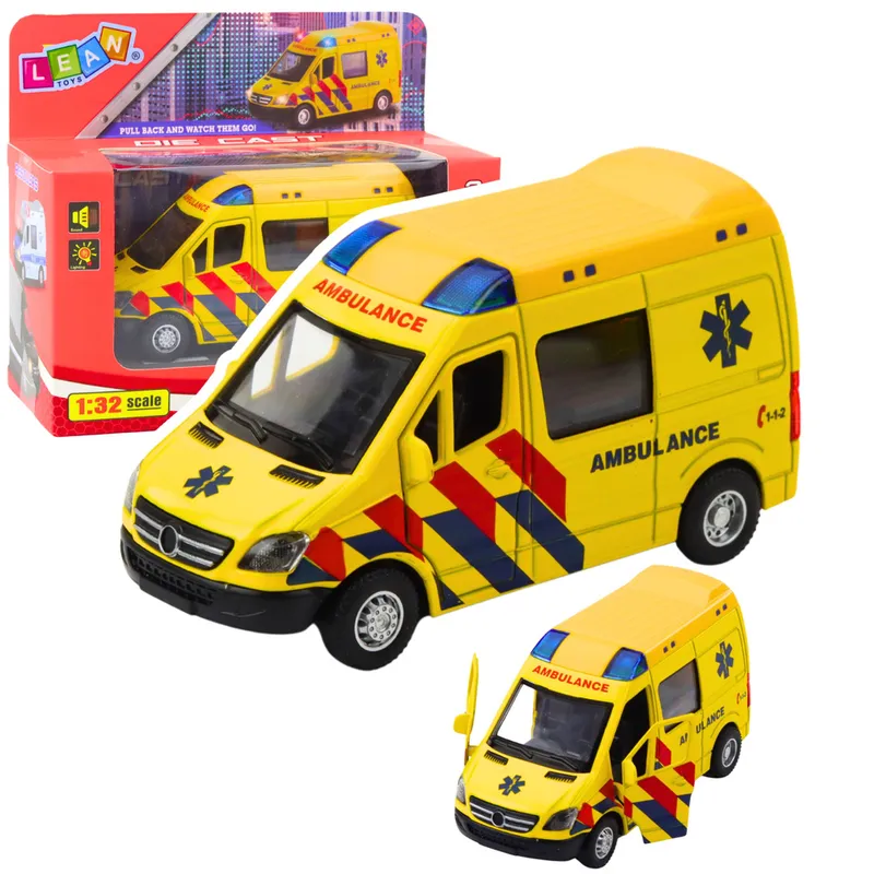 Karetka Ambulans Metalowy Z Napędem Pull Back Światła Dźwięki 1:32 - Żółty