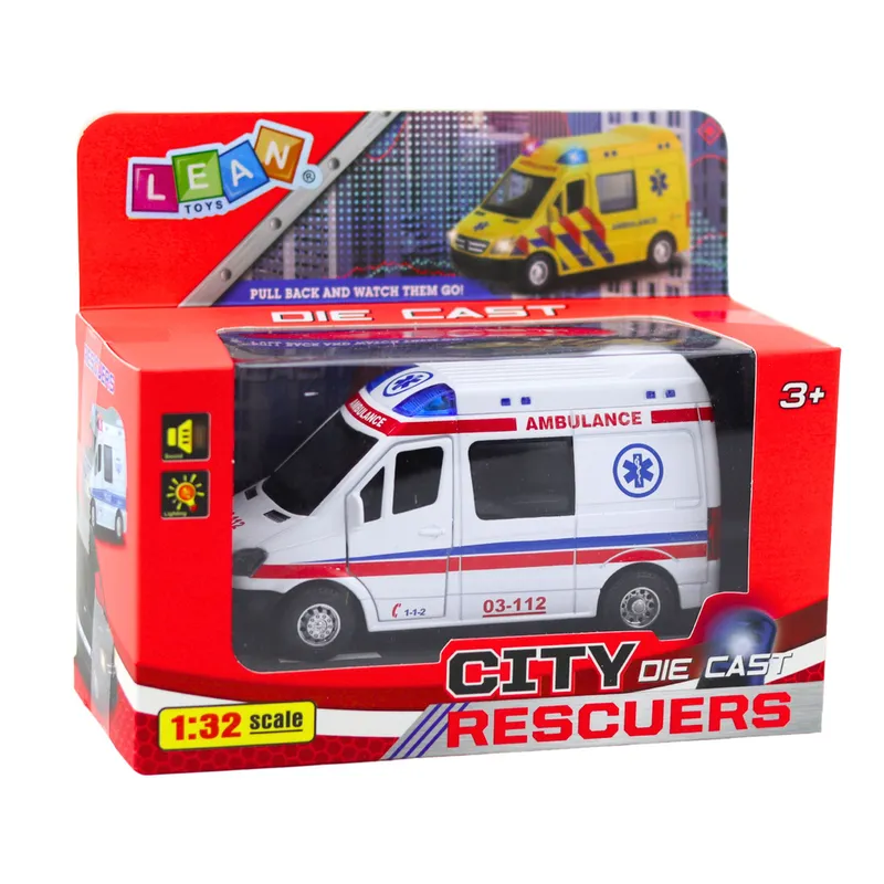 Karetka Ambulans Metalowy Z Napędem Pull Back Światła Dźwięki 1:32 - Biały