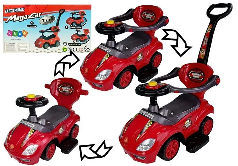 Jeździk Z Pchaczem Dla Dzieci Mega Car 3w1 Piszczek Schowek - Czerwony