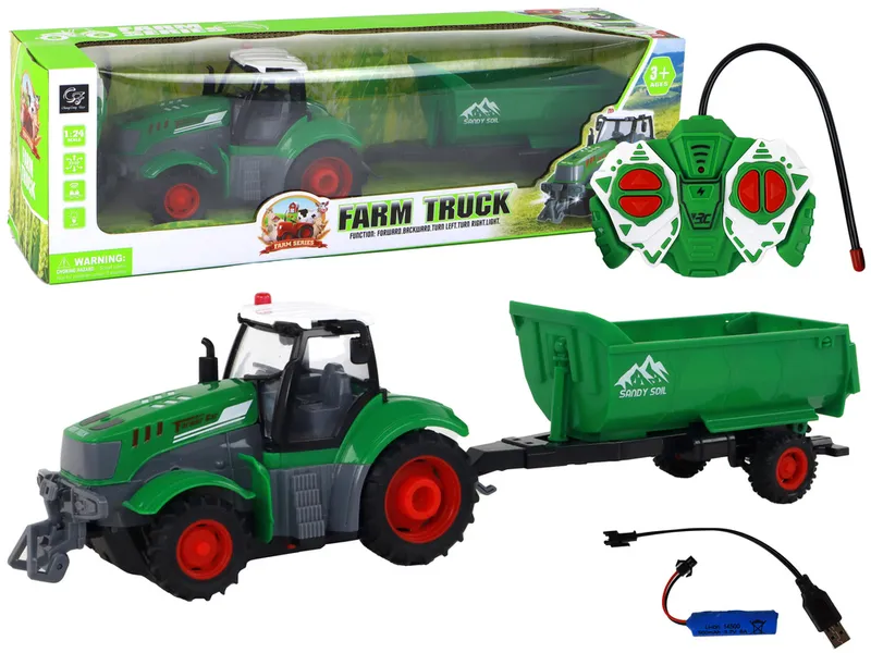 Zdalnie Sterowany Ciągnik Traktor R/C Z Przyczepą 1:24 Światła - Zielony