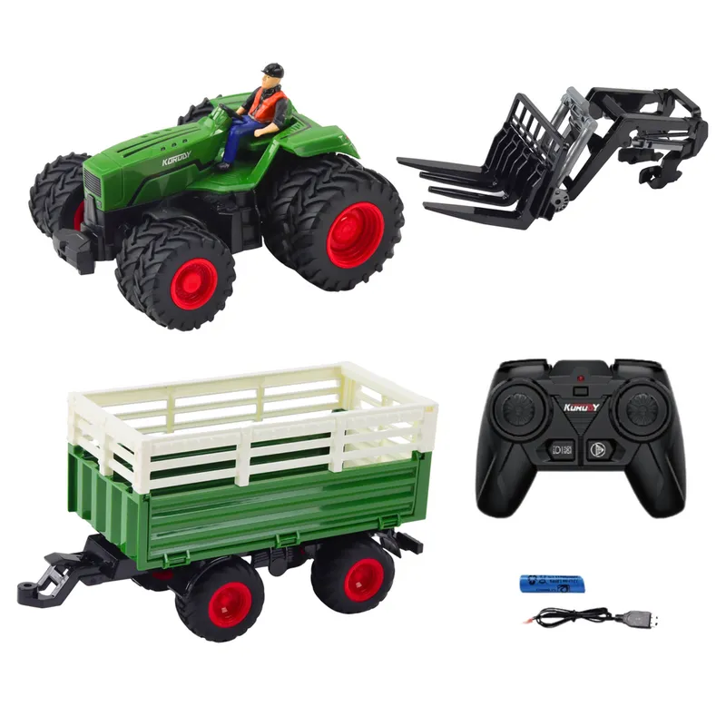 Traktor Rolniczy Z Przyczepą I Widłami Podwójne Koła Zdalnie Sterowany RC