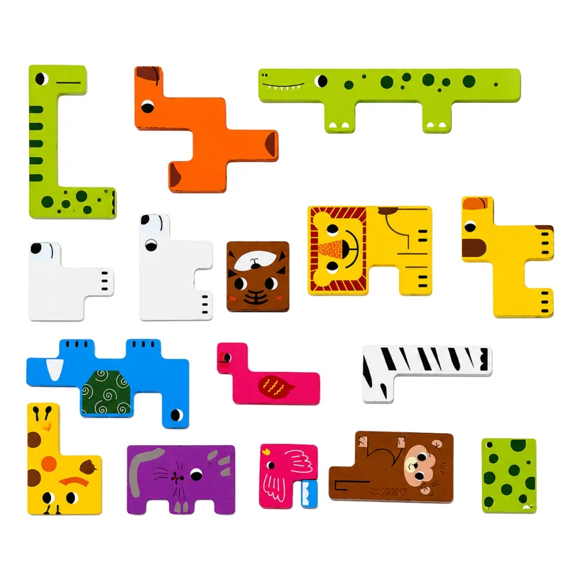 Drewniane Puzzle Łamigłówka Układanka Logiczna Zwierzęta Kolorowe 20 el