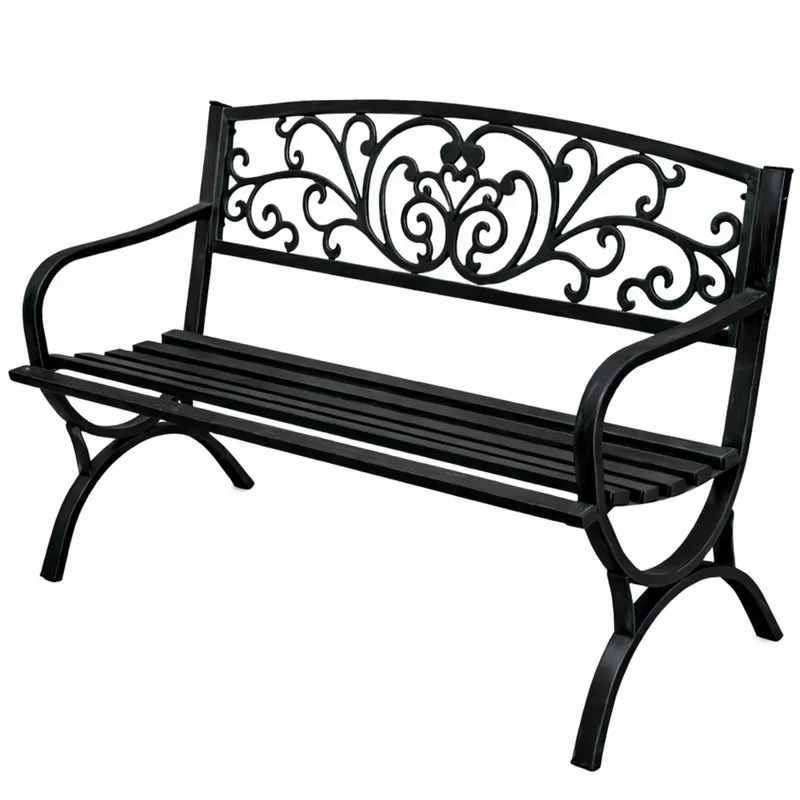 Ławka Ogrodowa Taras Ogród Parkowa Metalowa Oparcie Zdobiona 127 cm - Czarna