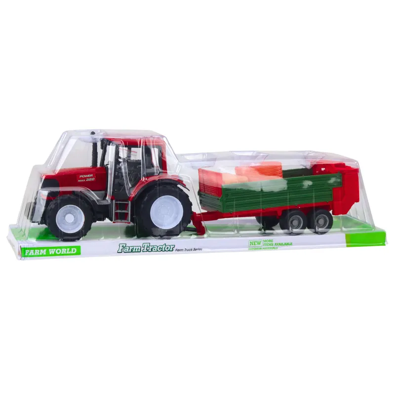Traktor Rolniczy Farmerski Z Zieloną Przyczepą I Sianem 62cm - Czerwony