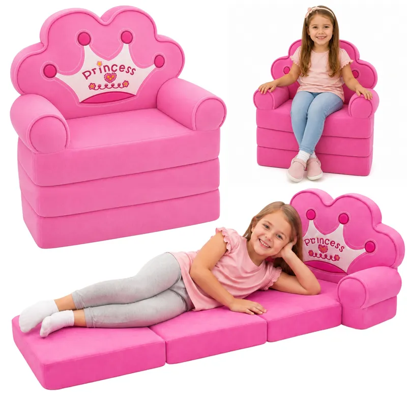 Rozkładany Fotel Sofa Leżanka Z Koroną 2w1 Dla Dzieci Miękki - Różowy