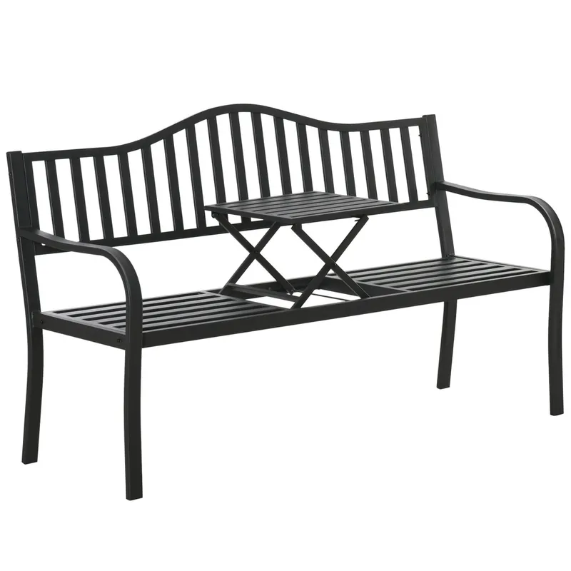 Ławka Ogrodowa Taras Ogród Park Metalowa Oparcie Stolik 150 cm - Czarna