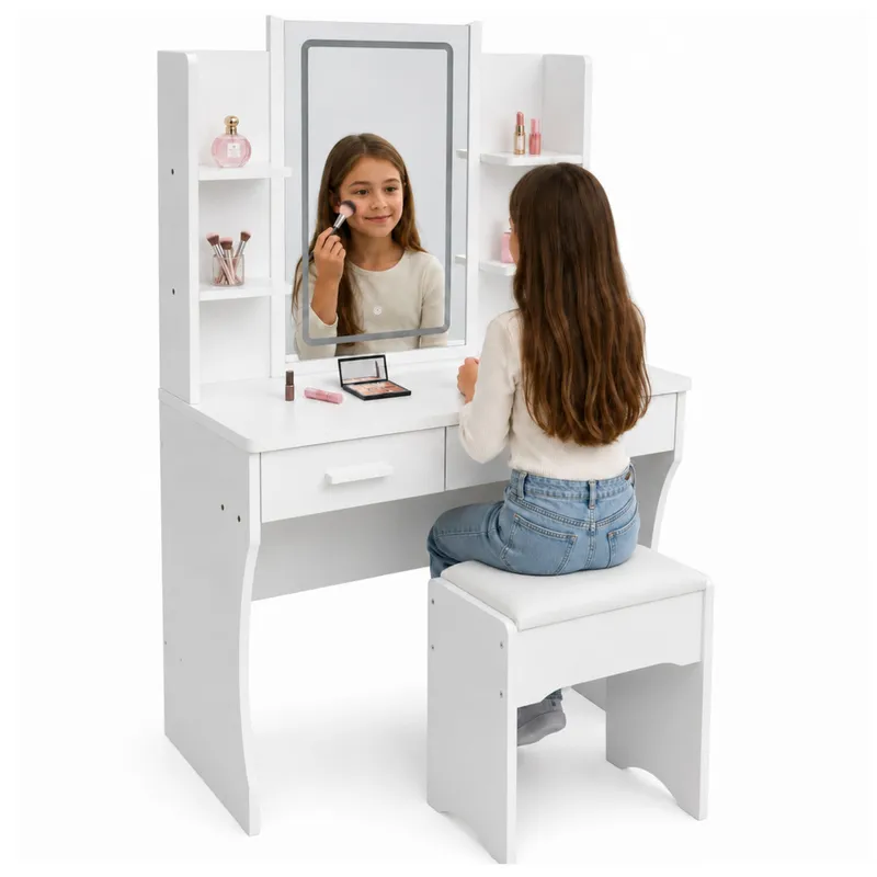 Toaletka Kosmetyczna Z Lustrem LED Półki Szuflady 140x80x40 cm - Biała