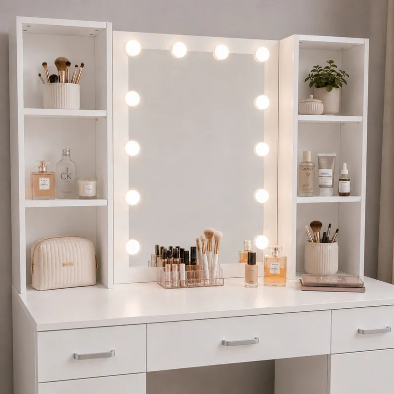 Duża Toaletka Kosmetyczna Z Lustrem LED Szafki Szuflady 141x114x39 cm - Biała