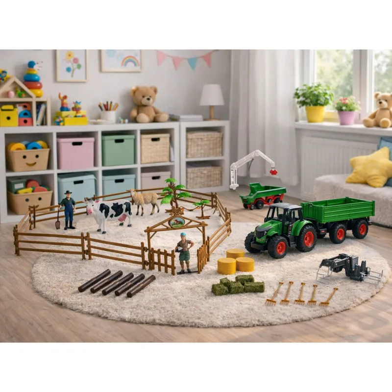 Zestaw Rolniczy Traktor Z Przyczepą Zwierzęta Farmerzy Farma 45 el