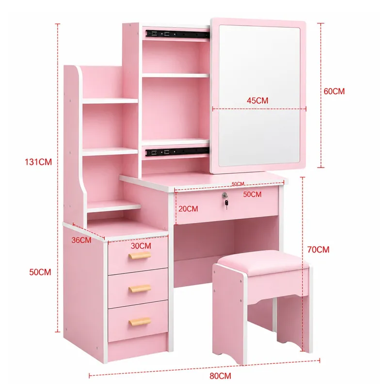 Toaletka Kosmetyczna Z Lustrem Szuflady Półki Taboret 130x80x36 cm - Różowa