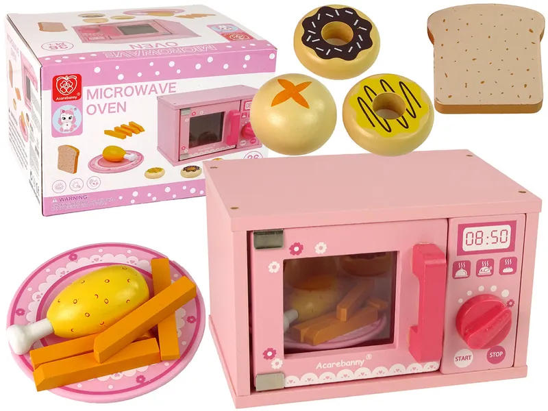 Drewniana Kuchenka Mikrofalowa Mikrofalówka Jedzenie - Różowa