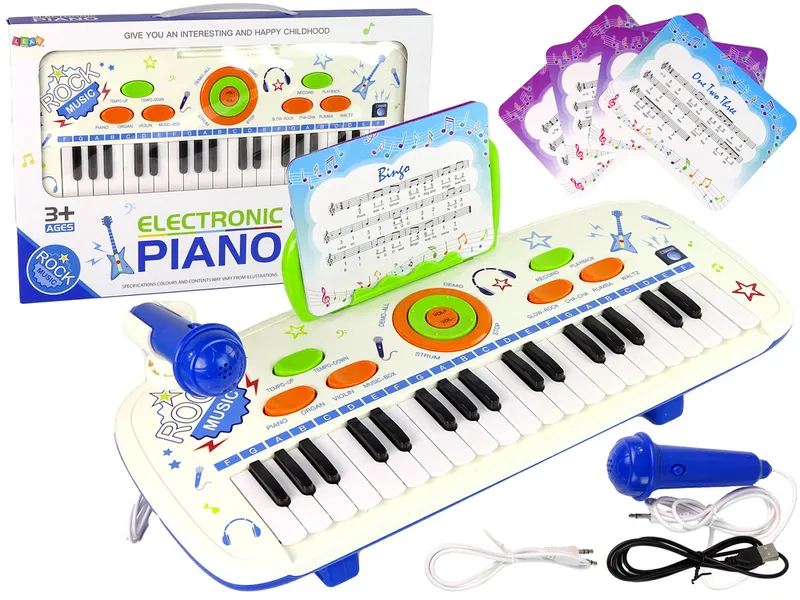 Elektryczne Pianino Keyboard Dla Dzieci Nuty USB MP3 - Niebieski