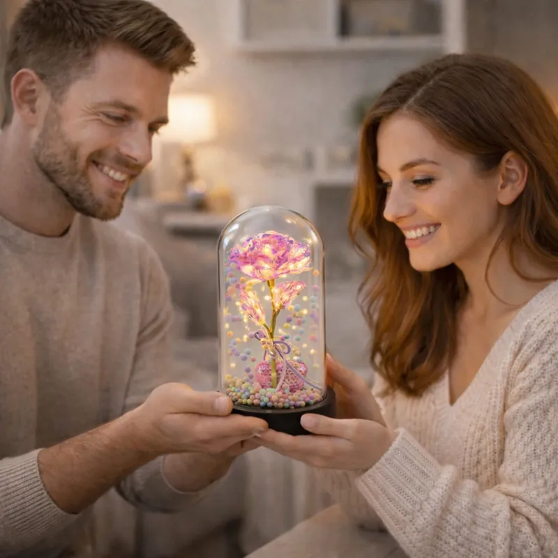 Wieczna Róża W Kopule Z Oświetleniem LED Z Serduszkiem I Kuleczkami - Różowa