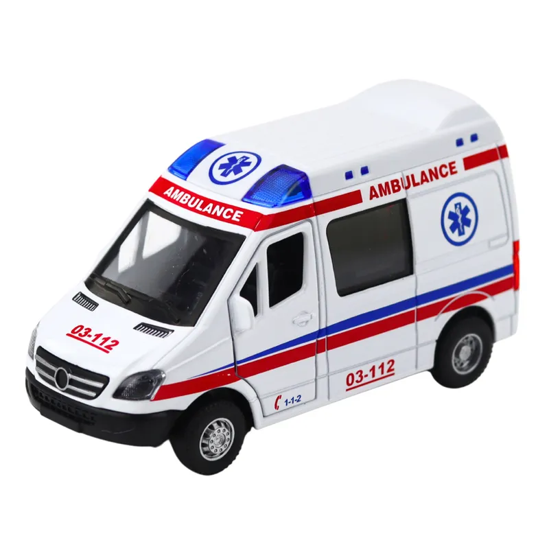 Karetka Ambulans Metalowy Z Napędem Pull Back Światła Dźwięki 1:32 - Biały
