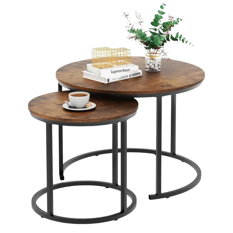 Zestaw Okrągłe Stoliki 2w1 Vintage Naturalne Drewno 60x45cm 40x40cm - Kawowe