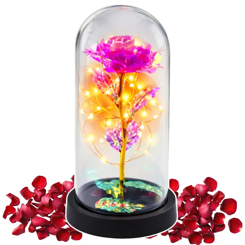 Wieczna Kryształowa Róża W Kopule Z Oświetleniem LED 21x11cm - Różowa