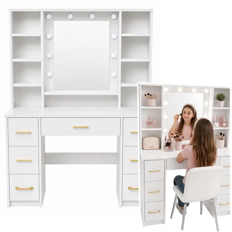 Duża Toaletka Lustro Ze Światłem LED Półki 7 Szuflad 140x100x40 cm - Biała