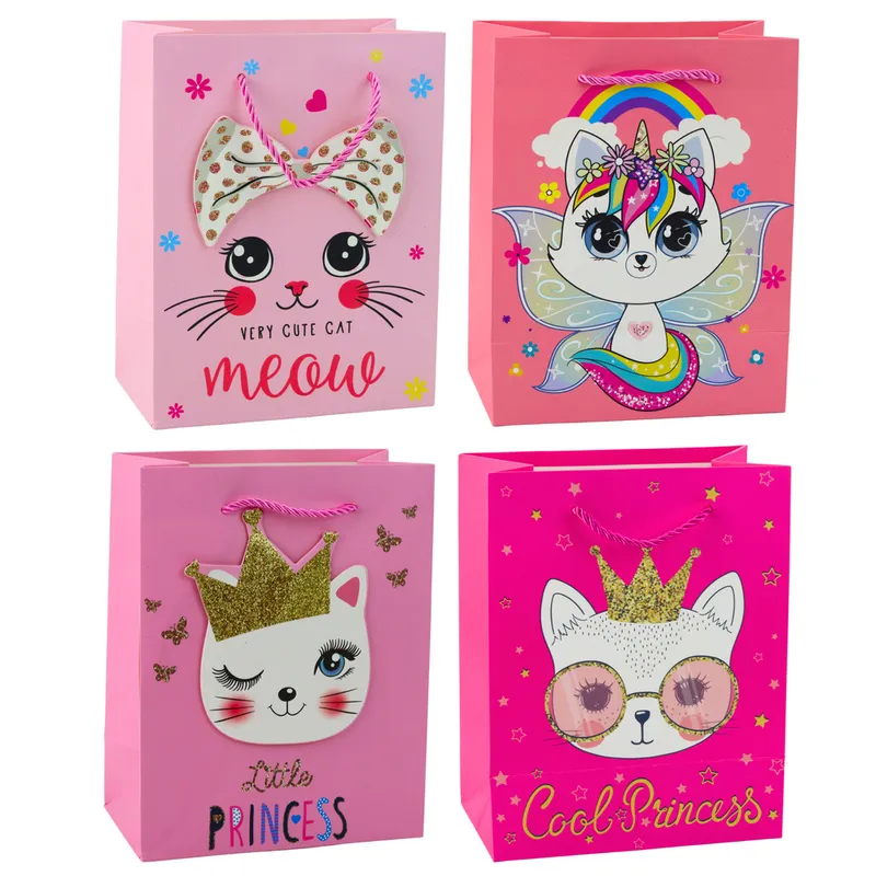 Torba Prezentowa Papierowa Kotki Brokatowa 23 x 18 x 10,5 cm - Różowa