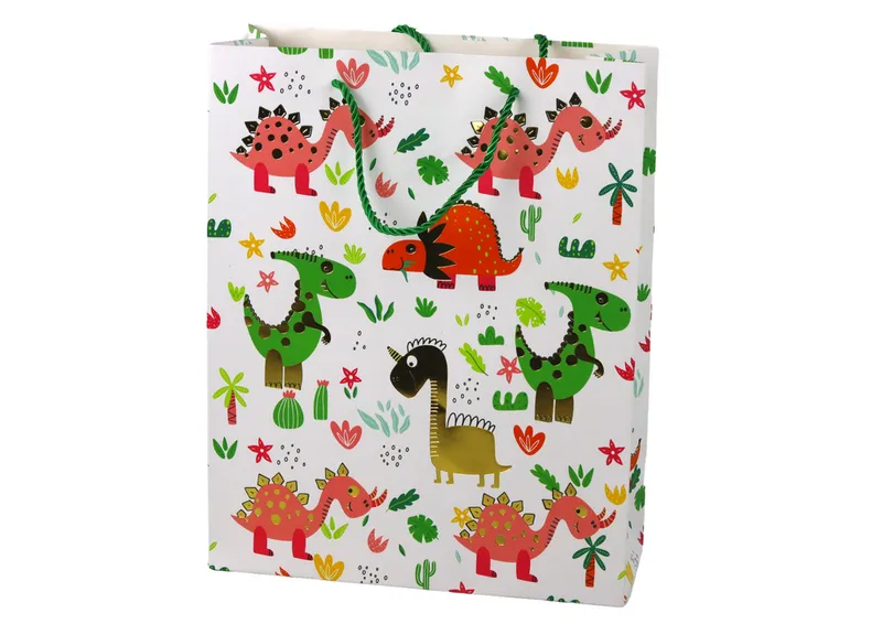 Papierowa Torba Prezentowa Kolorowe Dinozaury Palmy 32 cm X 26 cm X 10 cm