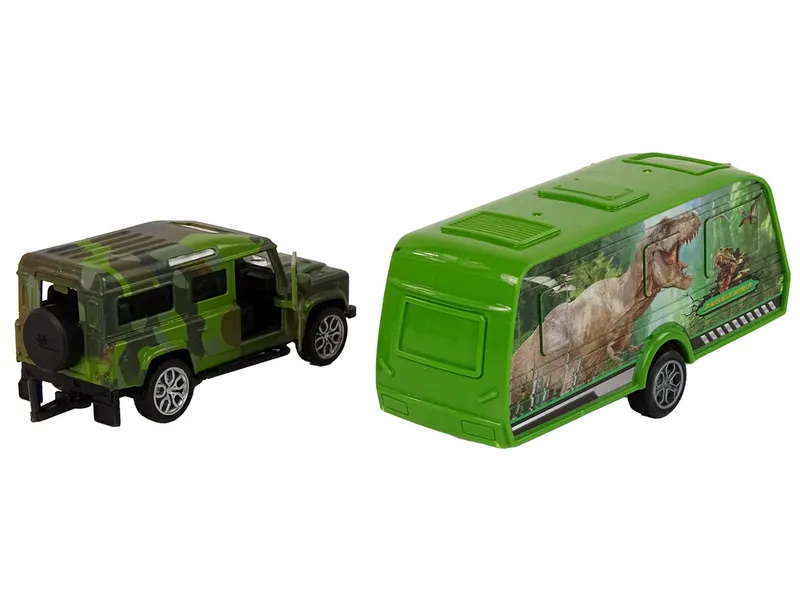 Zestaw Pojazdów JEEP Z Naciągiem Przyczepa Z Dinozaurami