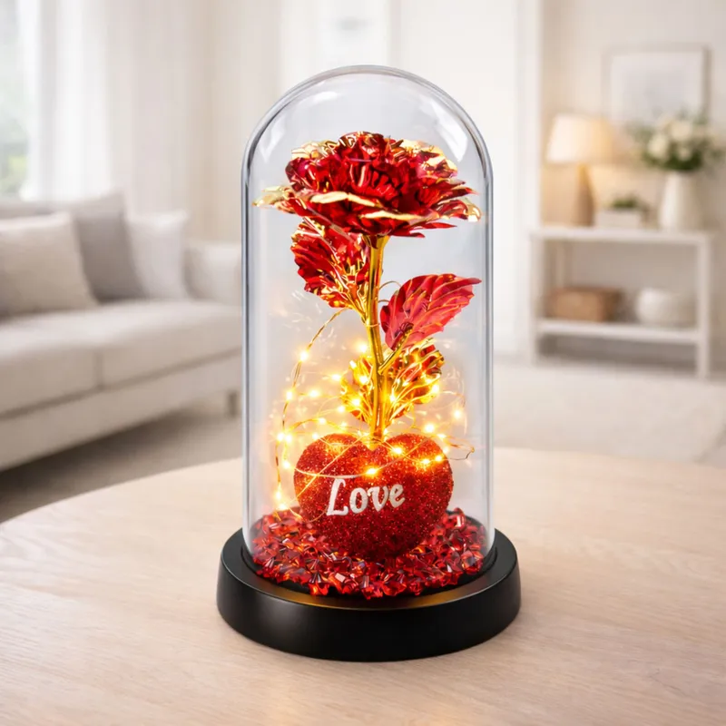 Wieczna Róża W Kopule Z Oświetleniem LED Sercem Koralikami 21x11cm - Czerwona
