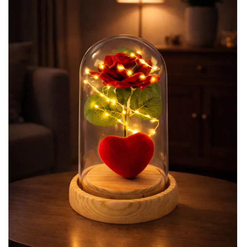Wieczna Róża W Kopule Z Oświetleniem LED Z Serduszkiem 14x8cm - Czerwona