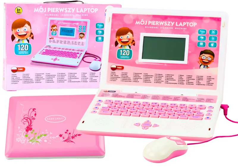 Laptop Edukacyjny Interaktywny 60 Funkcji Dwa Języki Myszka - Różowy