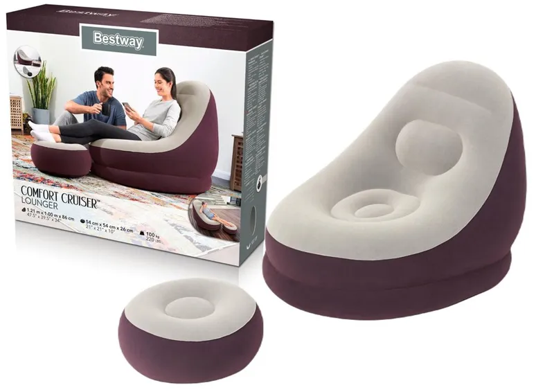 Dmuchany Fotel Z Podnóżkiem 122 x 94 x 81 cm BESTWAY 75053 - Bordowy