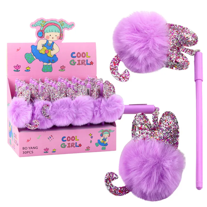 Długopis Żelowy Zatyczka Z Fioletowym Pomponem Tusz 17cm 0.5mm - Niebieski