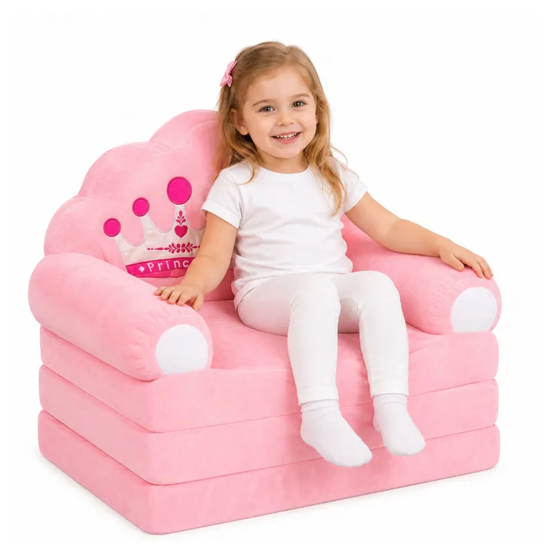Rozkładany Fotel Sofa Leżanka Z Koroną 2w1 Dla Dzieci Miękki - Różowy