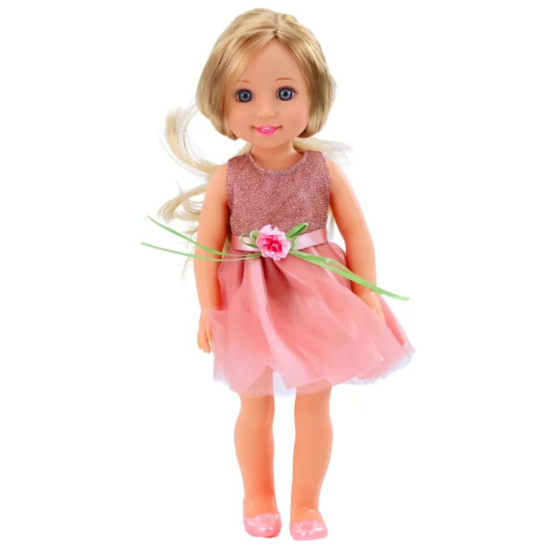 Lalka W Sukience Z Kokardką Długie Włosy Grzebień 38cm - Różowa