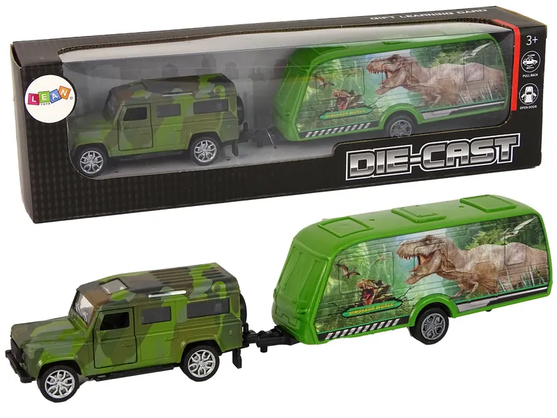 Zestaw Pojazdów JEEP Z Naciągiem Przyczepa Z Dinozaurami