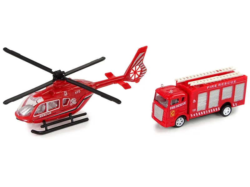 Zestaw Autek Straż Pożarna Naciąg Helikopter - Czerwony