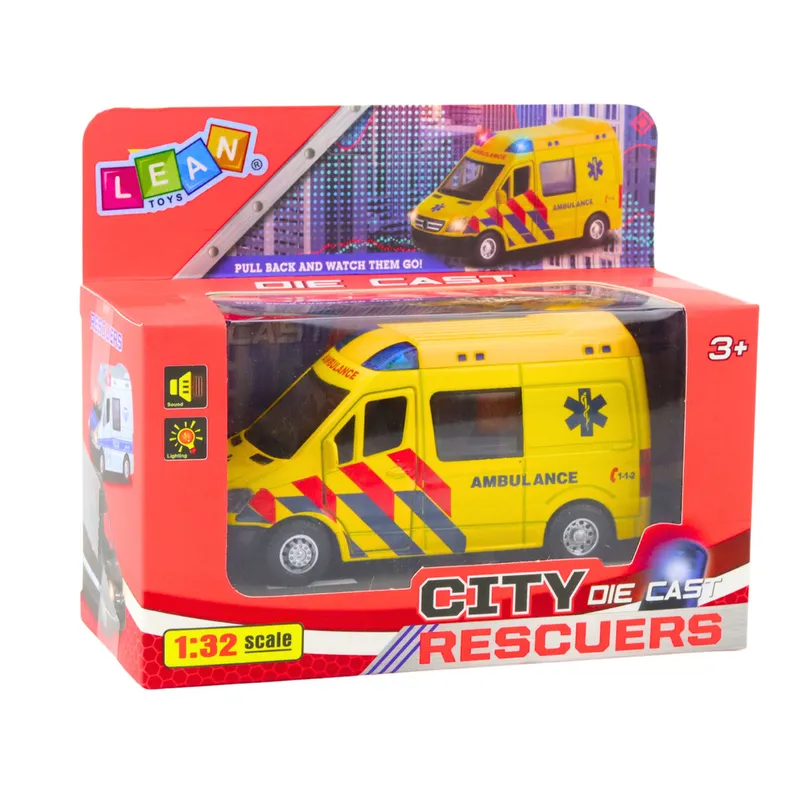 Karetka Ambulans Metalowy Z Napędem Pull Back Światła Dźwięki 1:32 - Żółty
