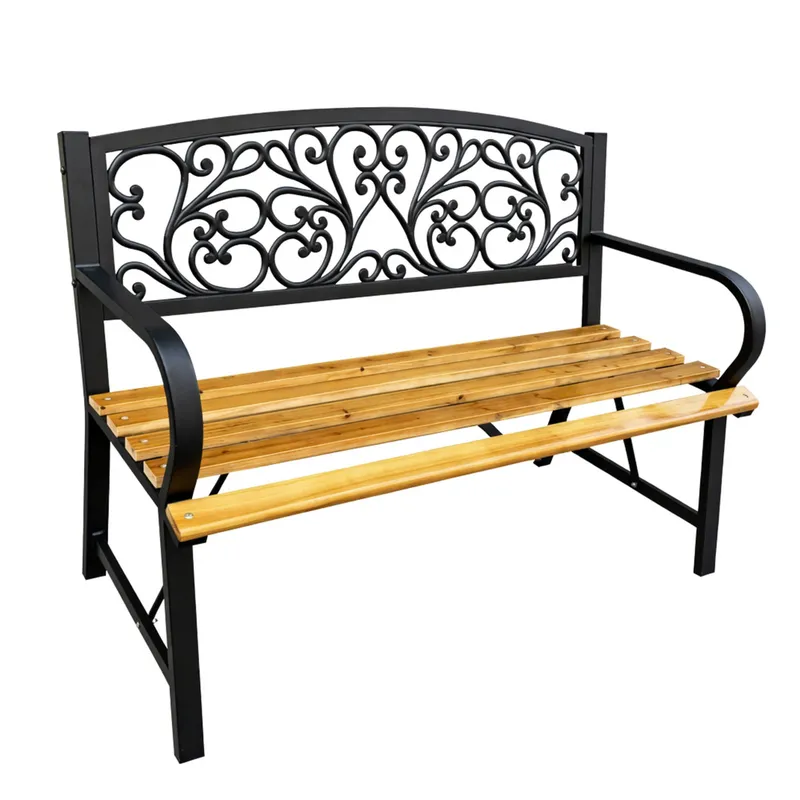 Ławka Ogrodowa Park Taras Ogród Metalowe Oparcie Drewniana Zdobiona 118 cm