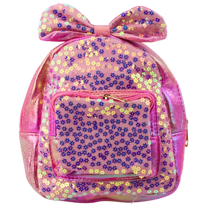 Plecak Dziecięcy Z Cekinami W Kwiatki Kokarda 22cm 2,8l - Różowy