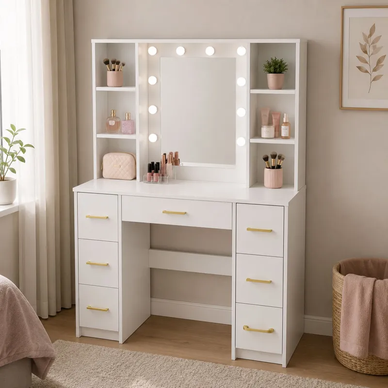Duża Toaletka Lustro Ze Światłem LED Półki 7 Szuflad 140x100x40 cm - Biała