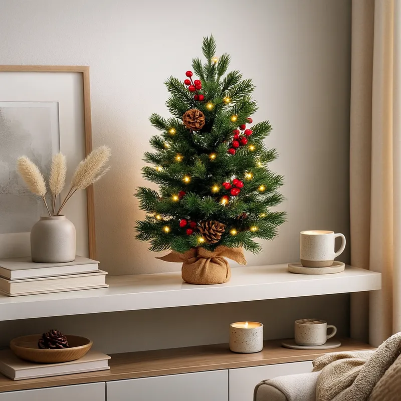 Choinka Ozdobna Dekoracyjna Sztuczna Jarzębina Lampki LED 60 x 20 cm - Czerwona